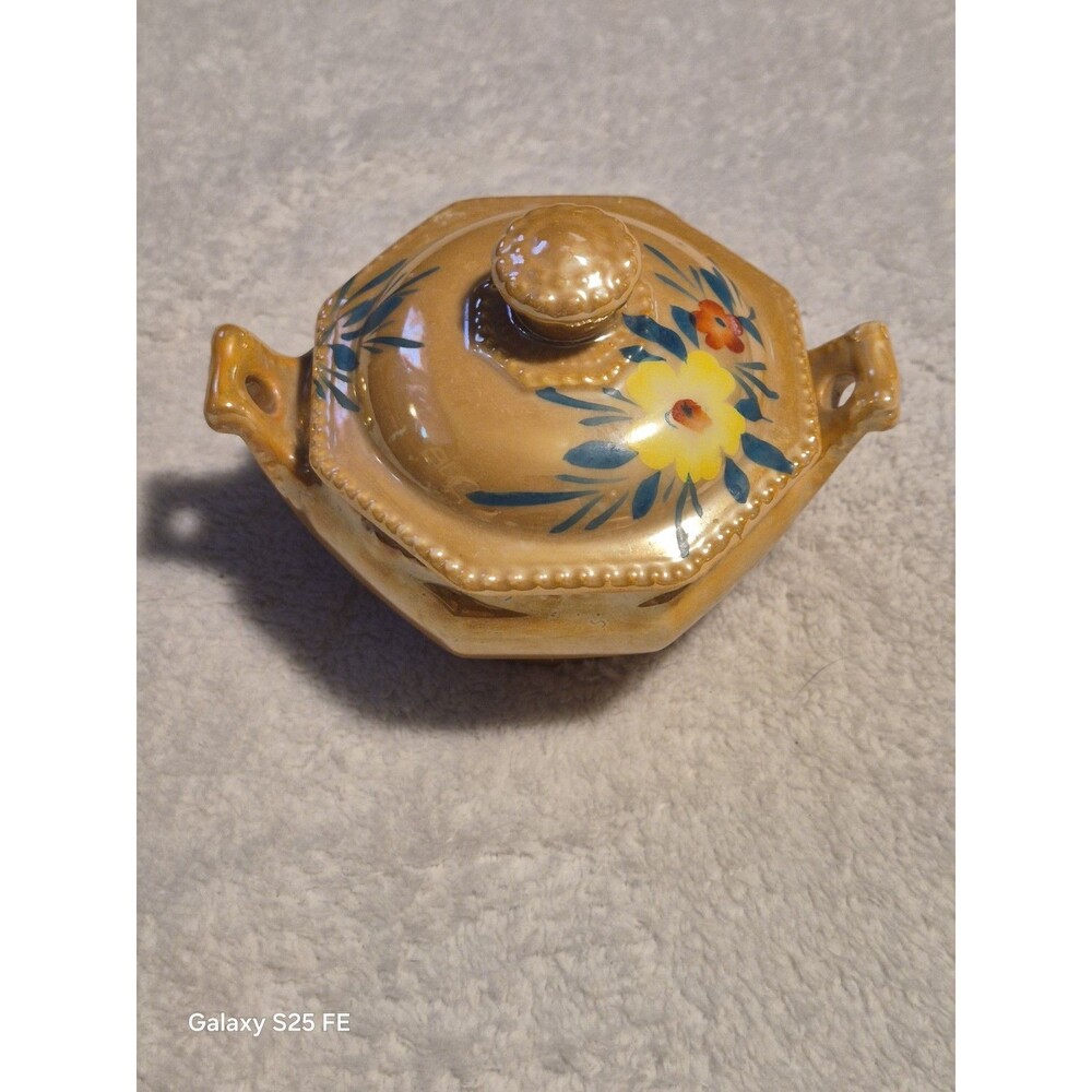 Vintage Japanese Lusterware Hand Painted Floral Sugar Bowl Lid Art Deco 1920s